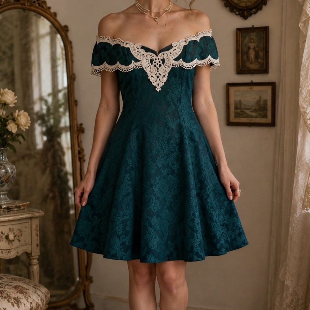 Scott McClintock vtg Teal Damask Lace Off Shoulder Prairie Dress 6 Victorian